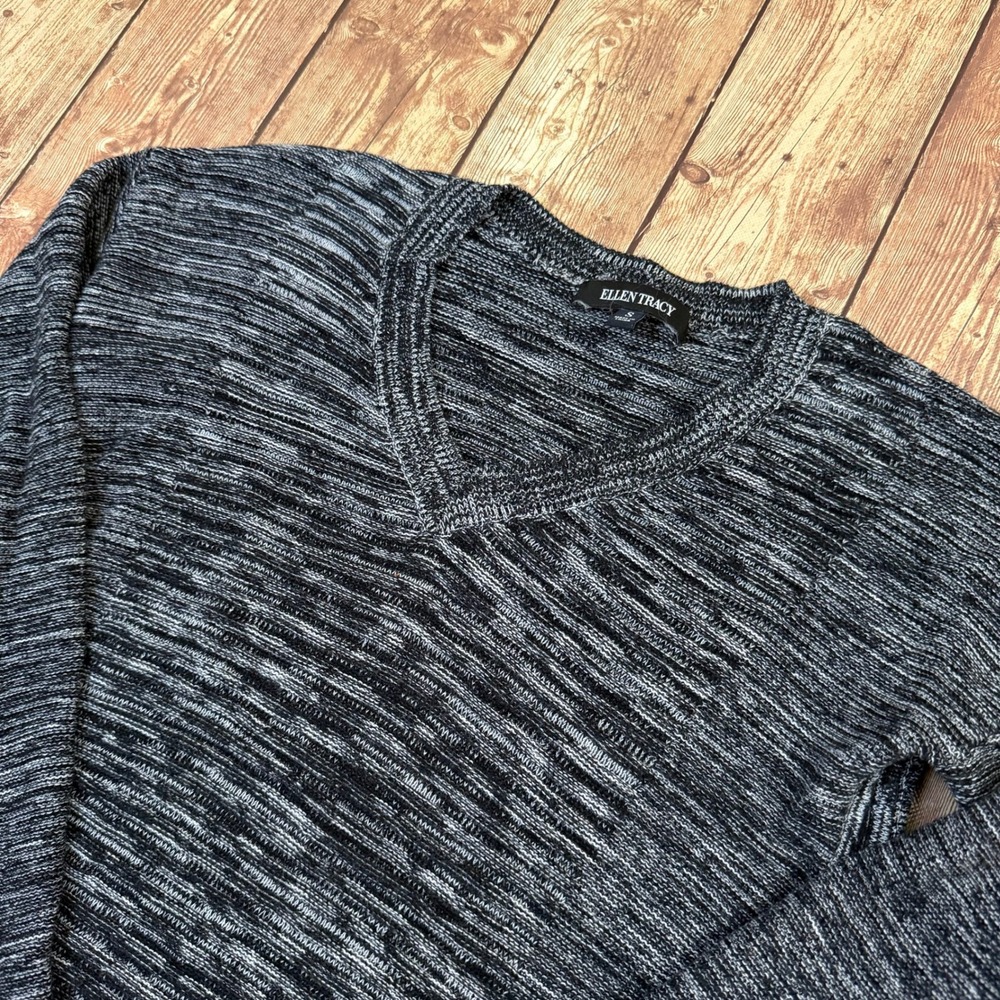 Ellen Tracy V Neck Sweater Womens Small Black Ivory Space Dye Knit Pullover